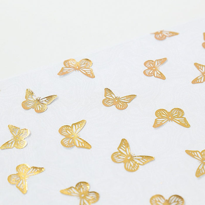 5 Sheer Organza Table Runners with Metallic Foil Butterfly Motifs - White and Gold