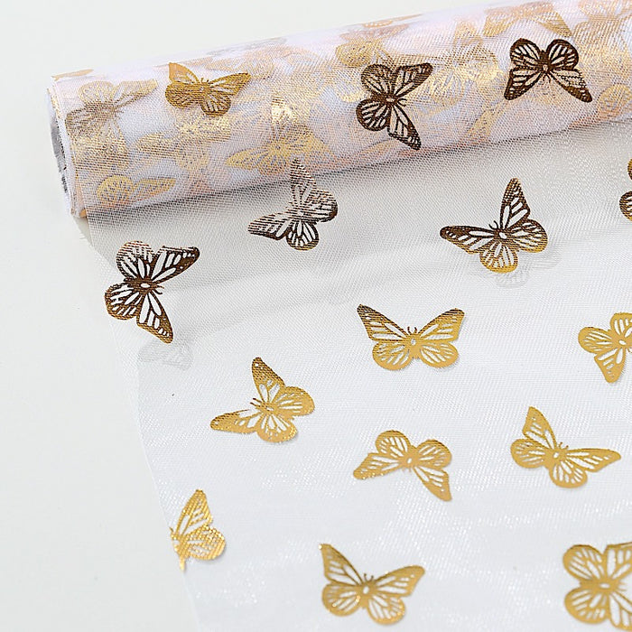 5 Sheer Organza Table Runners with Metallic Foil Butterfly Motifs - White and Gold