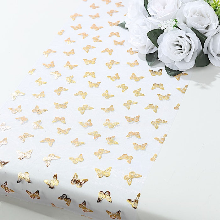 5 Sheer Organza Table Runners with Metallic Foil Butterfly Motifs - White and Gold