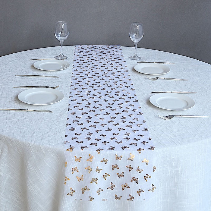 5 Sheer Organza Table Runners with Metallic Foil Butterfly Motifs - White and Gold