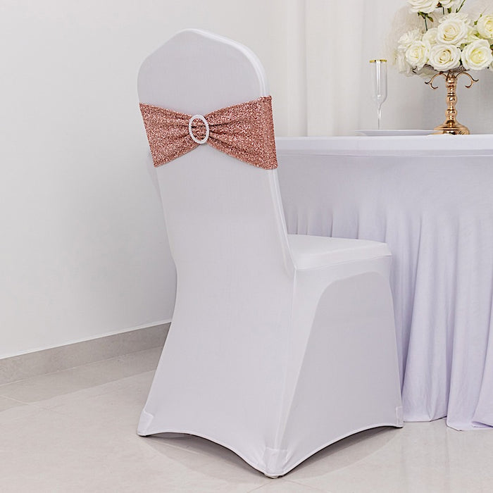 5 Shimmer Tinsel Spandex Chair Sashes with Silver Rhinestone Buckles