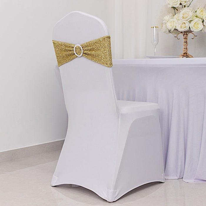 5 Shimmer Tinsel Spandex Chair Sashes with Silver Rhinestone Buckles