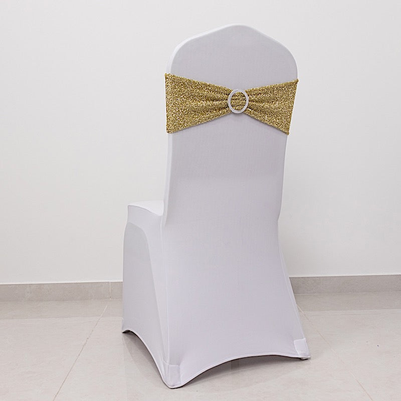 5 Shimmer Tinsel Spandex Chair Sashes with Silver Rhinestone Buckles