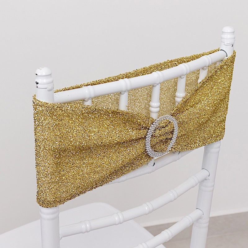 5 Shimmer Tinsel Spandex Chair Sashes with Silver Rhinestone Buckles