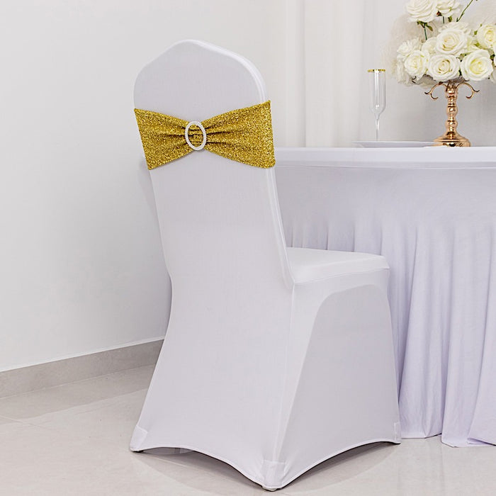 5 Shimmer Tinsel Spandex Chair Sashes with Silver Rhinestone Buckles