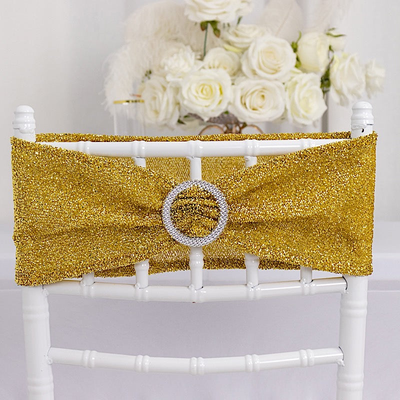 5 Shimmer Tinsel Spandex Chair Sashes with Silver Rhinestone Buckles