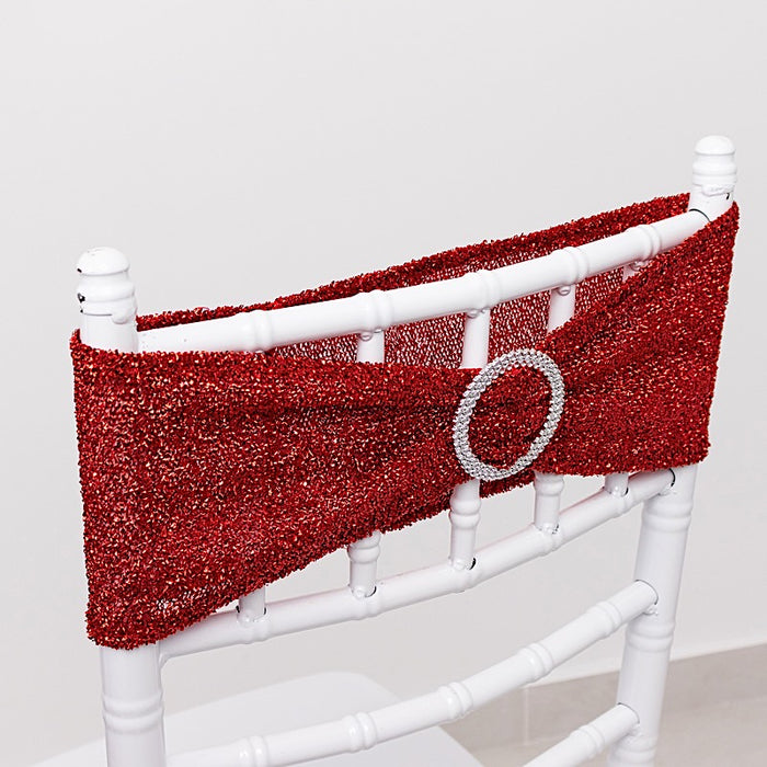 5 Shimmer Tinsel Spandex Chair Sashes with Silver Rhinestone Buckles