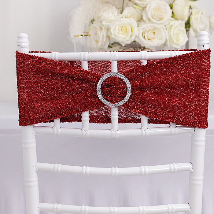 5 Shimmer Tinsel Spandex Chair Sashes with Silver Rhinestone Buckles