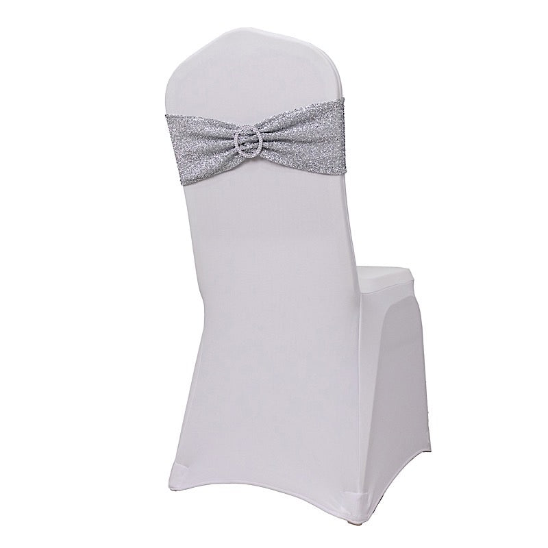 5 Shimmer Tinsel Spandex Chair Sashes with Silver Rhinestone Buckles