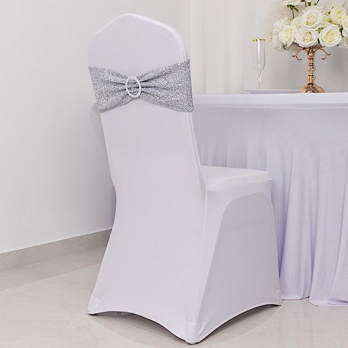 5 Shimmer Tinsel Spandex Chair Sashes with Silver Rhinestone Buckles