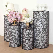 5 Sequin Mesh Cylinder Display Box Stand Covers with Leaf Vine Embroidery