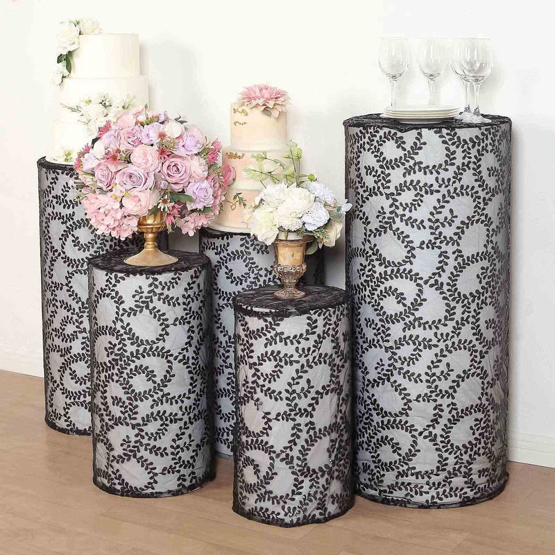 5 Sequin Mesh Cylinder Display Box Stand Covers with Leaf Vine Embroidery