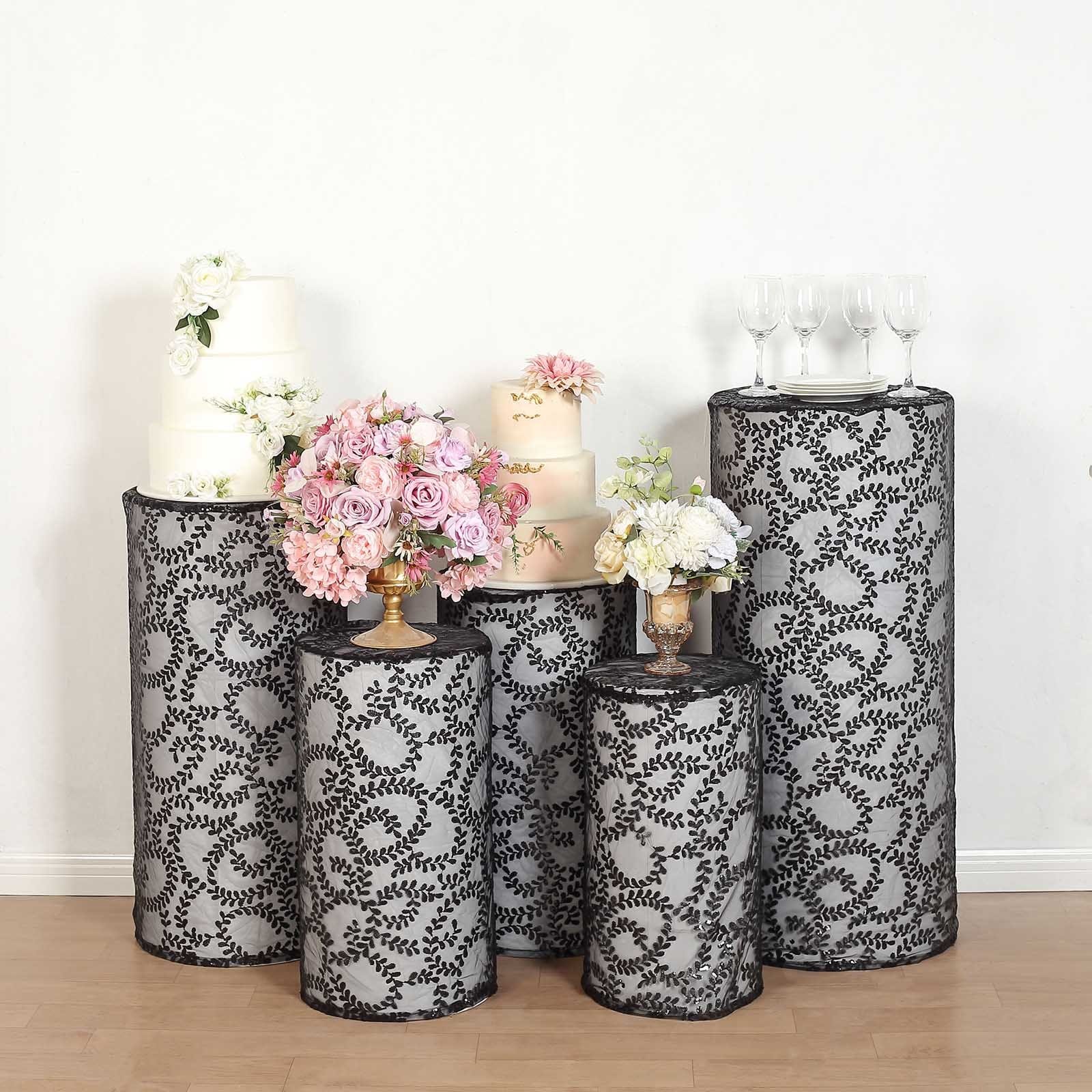 5 Sequin Mesh Cylinder Display Box Stand Covers with Leaf Vine Embroidery