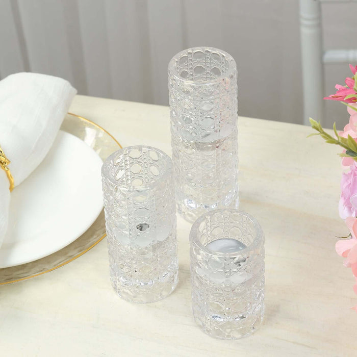 3 Glass Taper Candle Holders with Gemstone Pattern - Clear