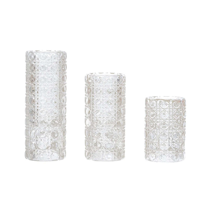 3 Glass Taper Candle Holders with Gemstone Pattern - Clear