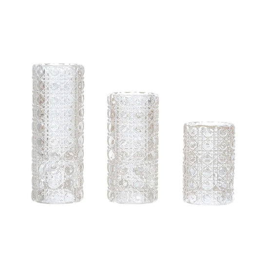 3 Glass Taper Candle Holders with Gemstone Pattern - Clear