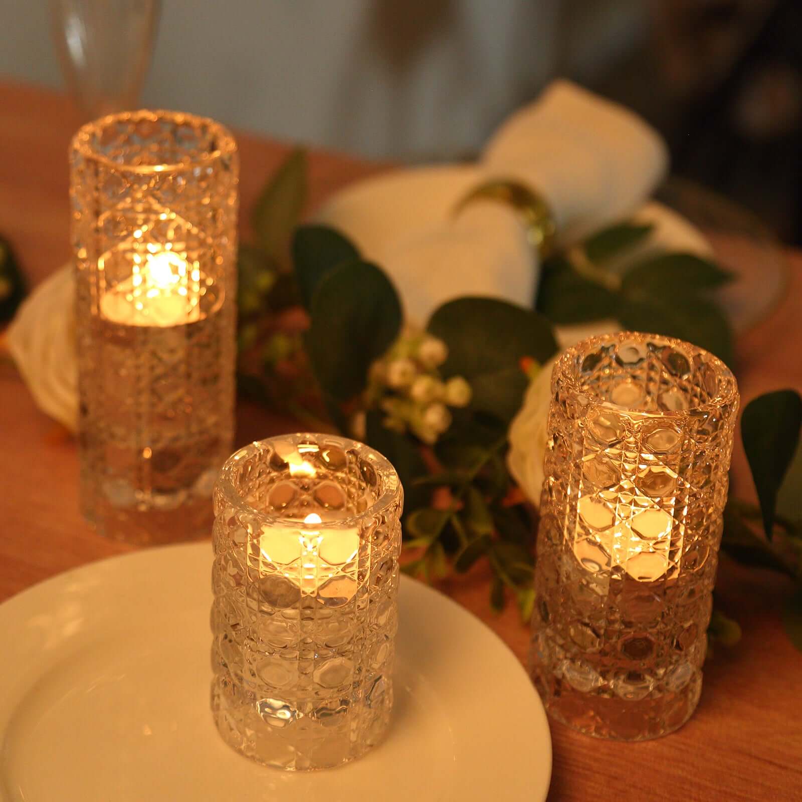 3 Glass Taper Candle Holders with Gemstone Pattern - Clear