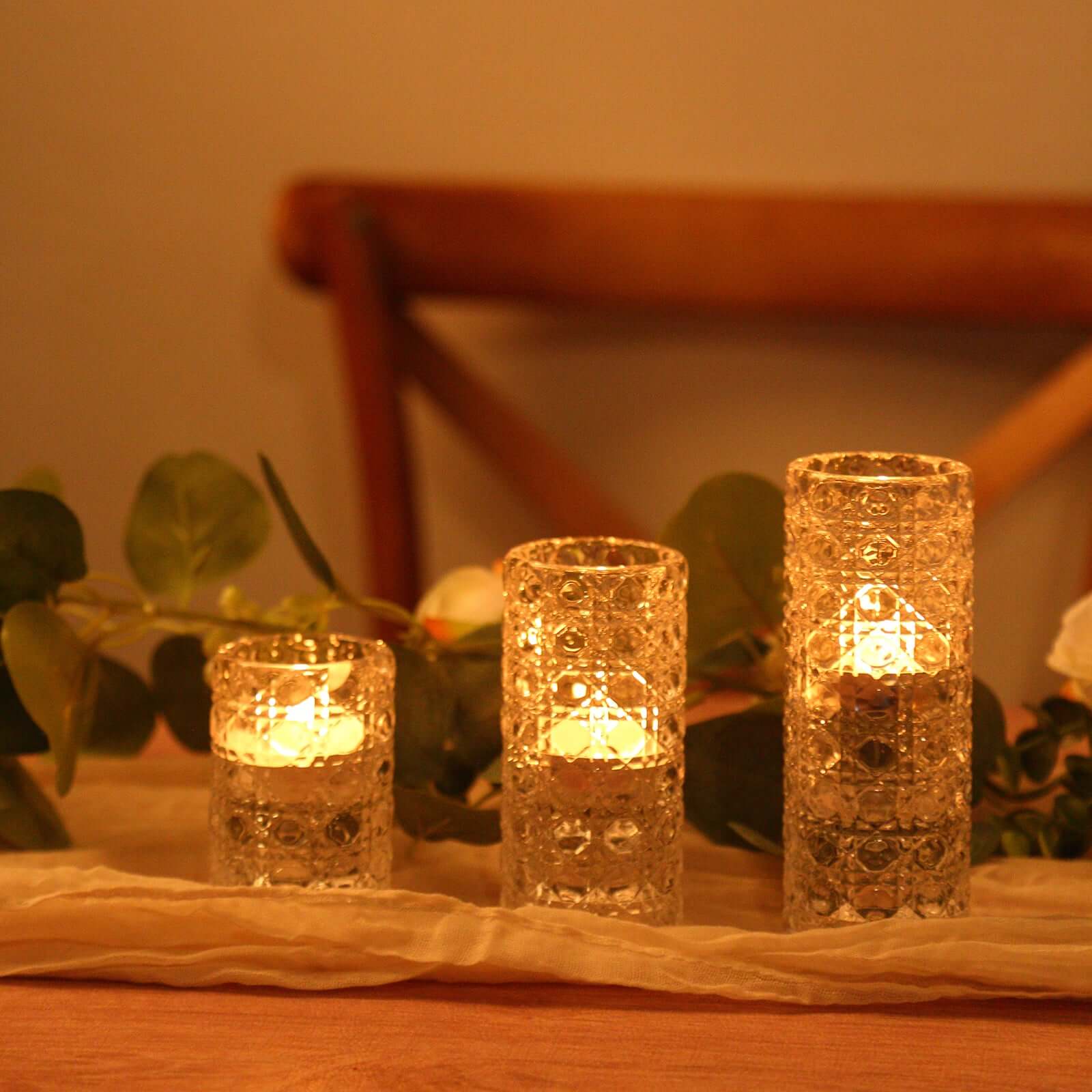 3 Glass Taper Candle Holders with Gemstone Pattern - Clear