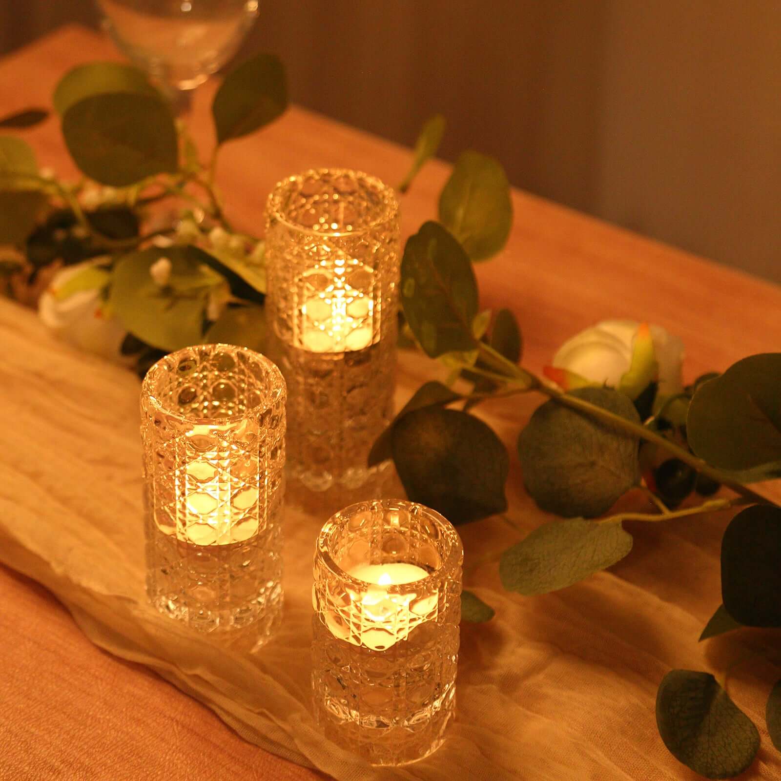 3 Glass Taper Candle Holders with Gemstone Pattern - Clear