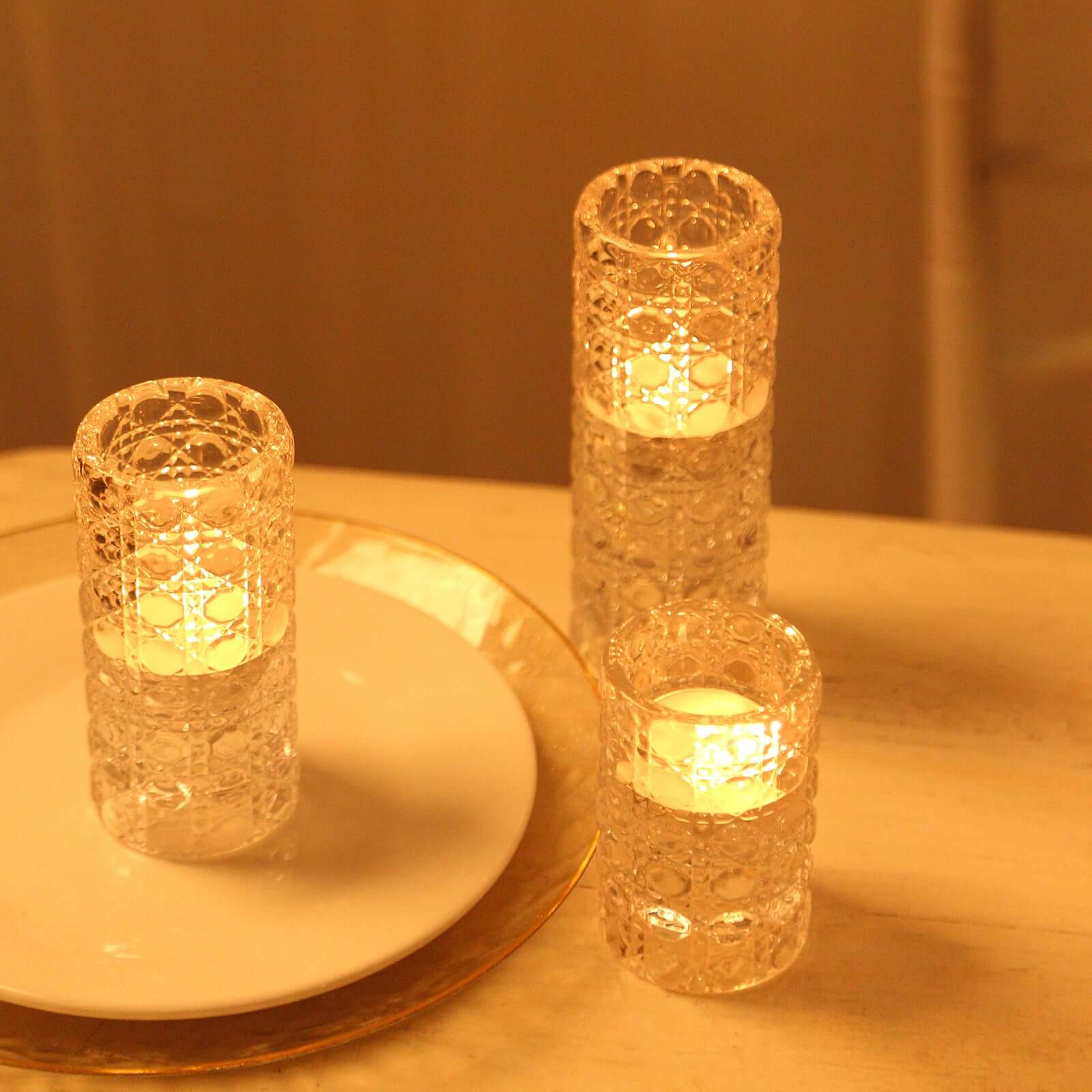 3 Glass Taper Candle Holders with Gemstone Pattern - Clear