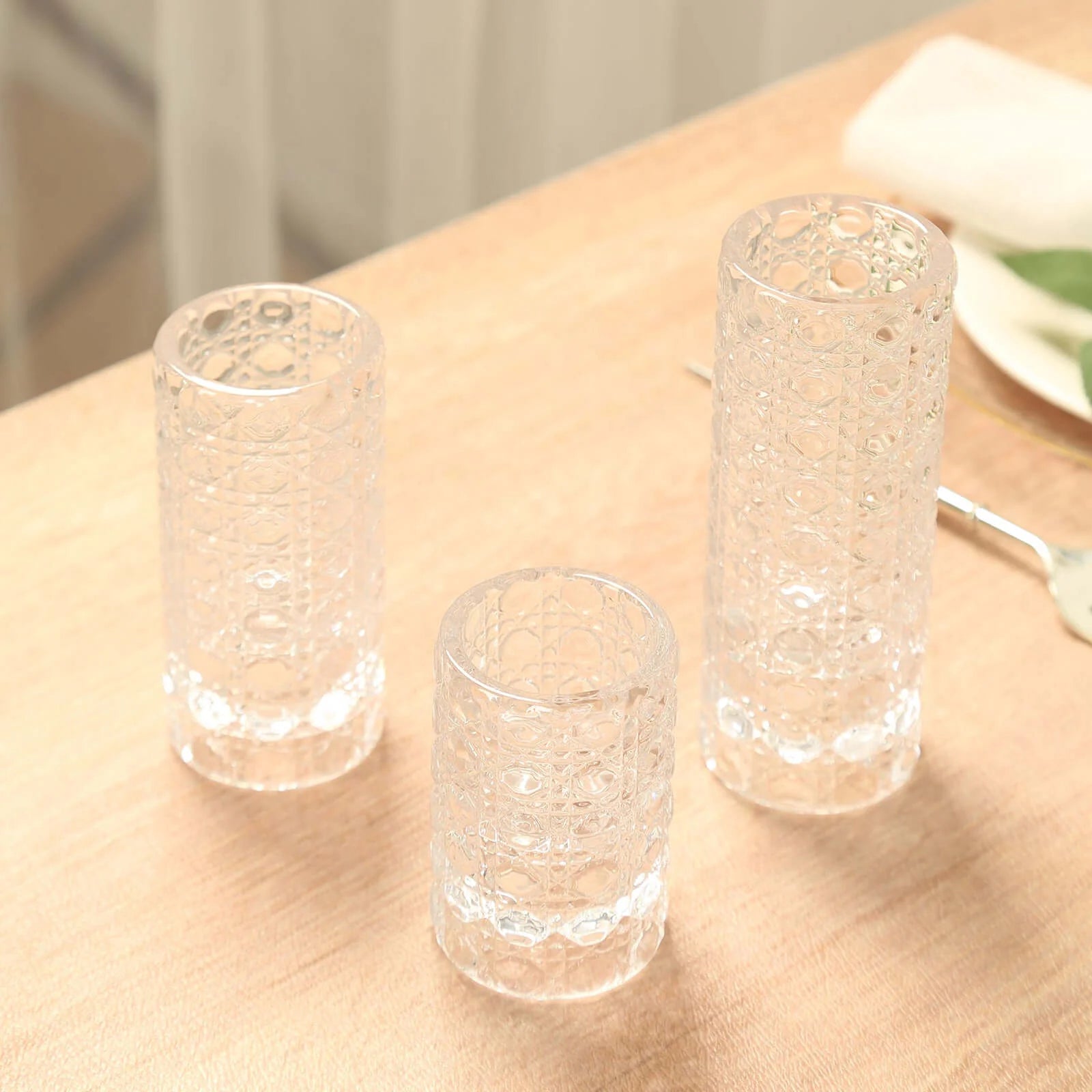 3 Glass Taper Candle Holders with Gemstone Pattern - Clear