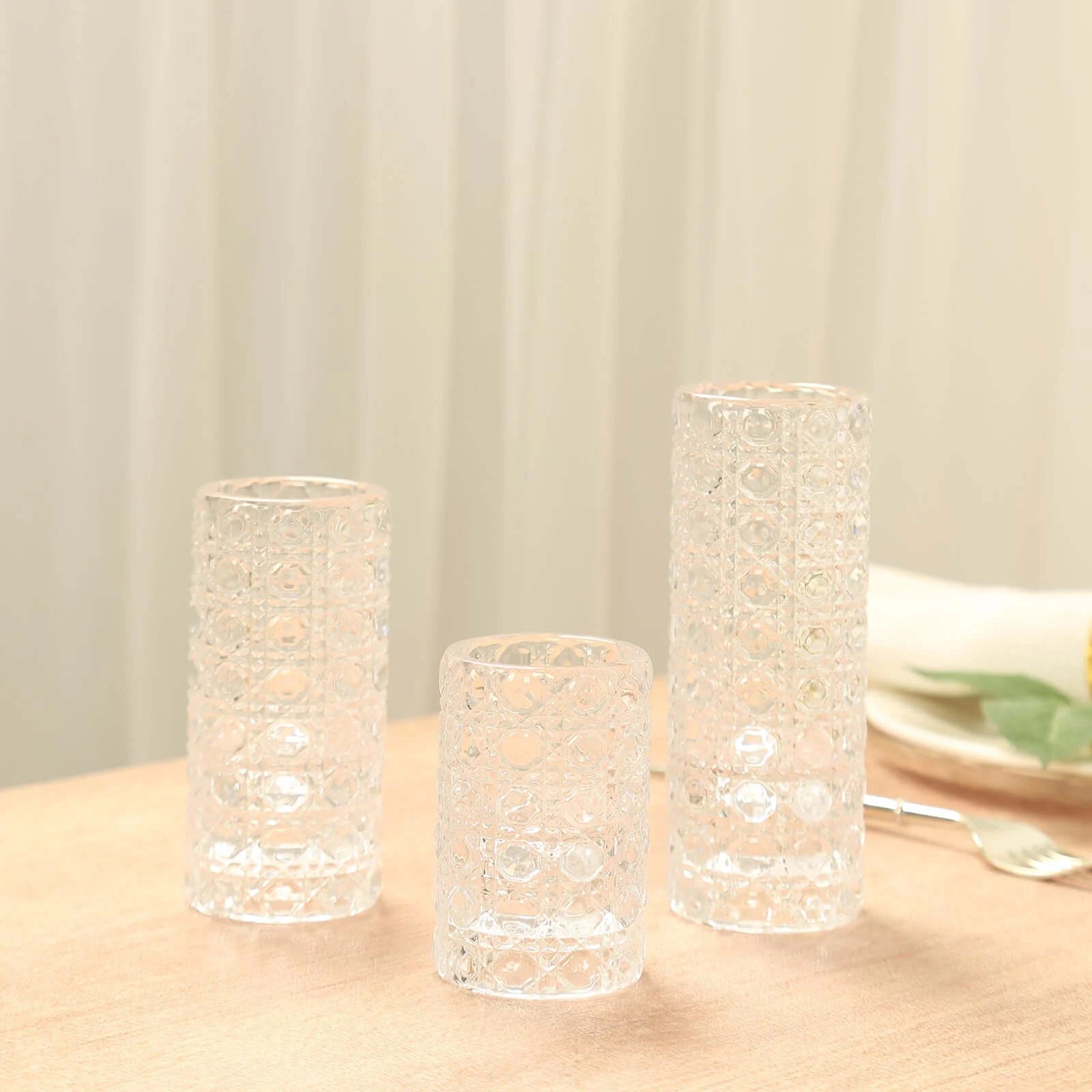 3 Glass Taper Candle Holders with Gemstone Pattern - Clear