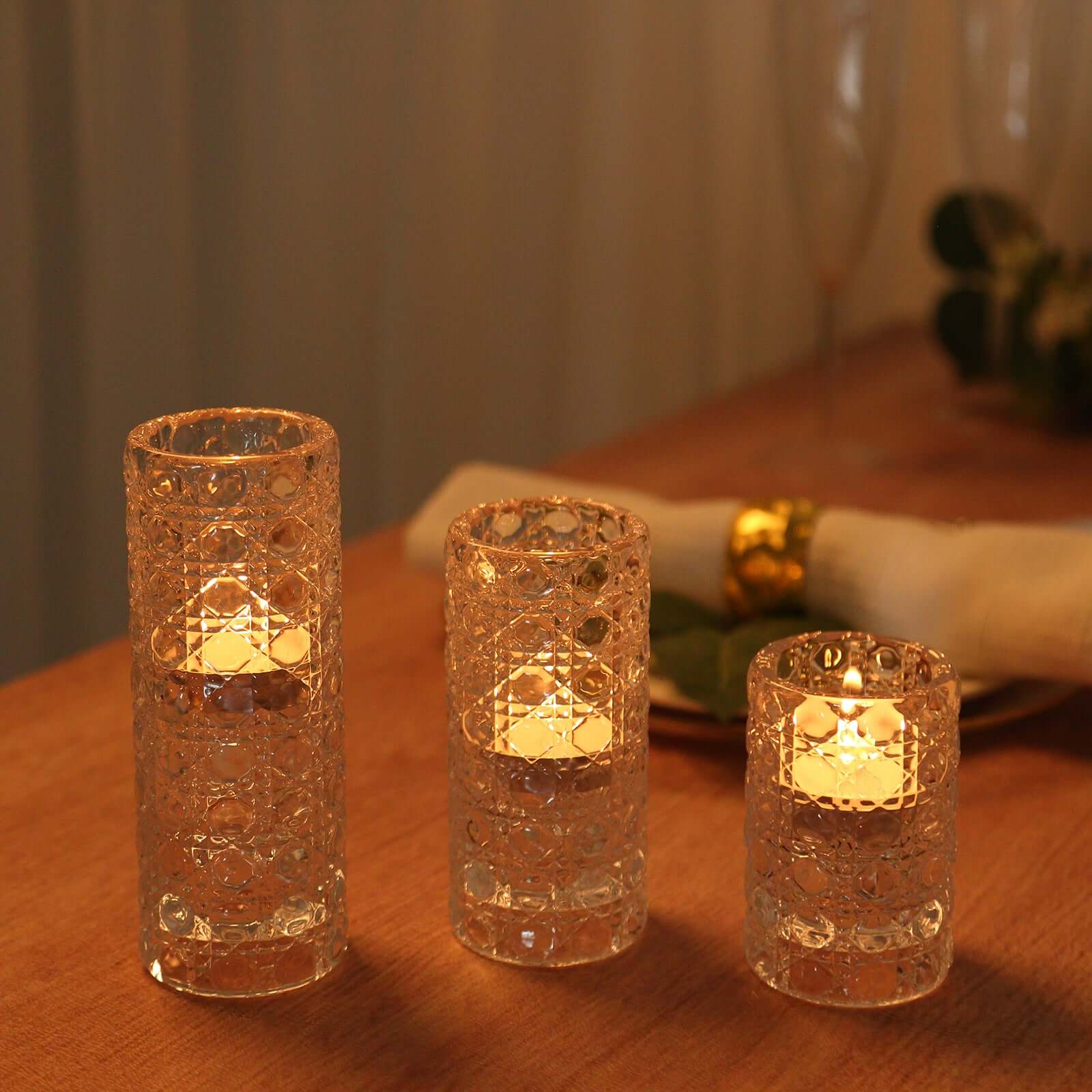 3 Glass Taper Candle Holders with Gemstone Pattern - Clear