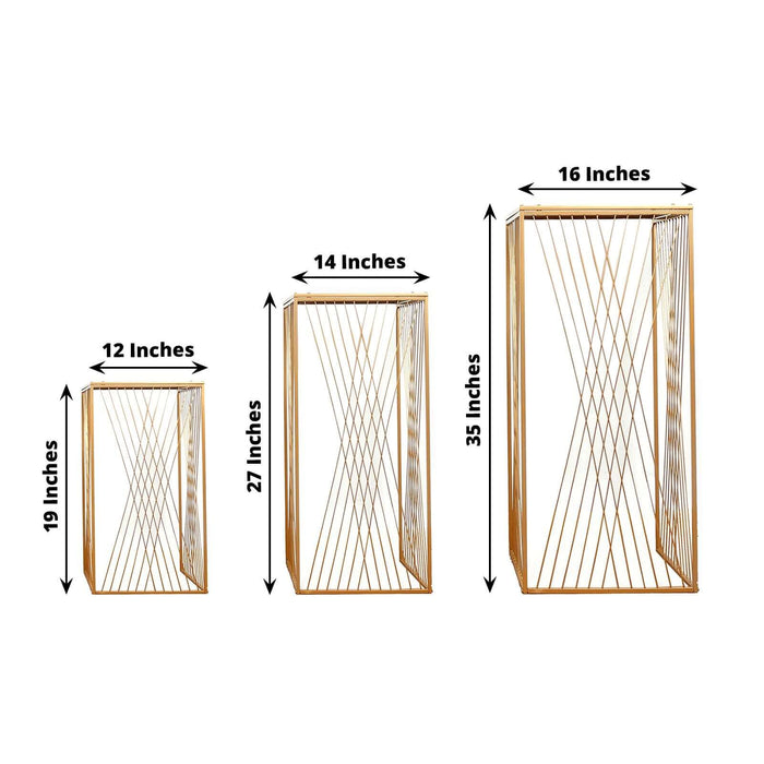3 Metal Pedestal Stands with Geometric Crossed Lines Pattern - Gold