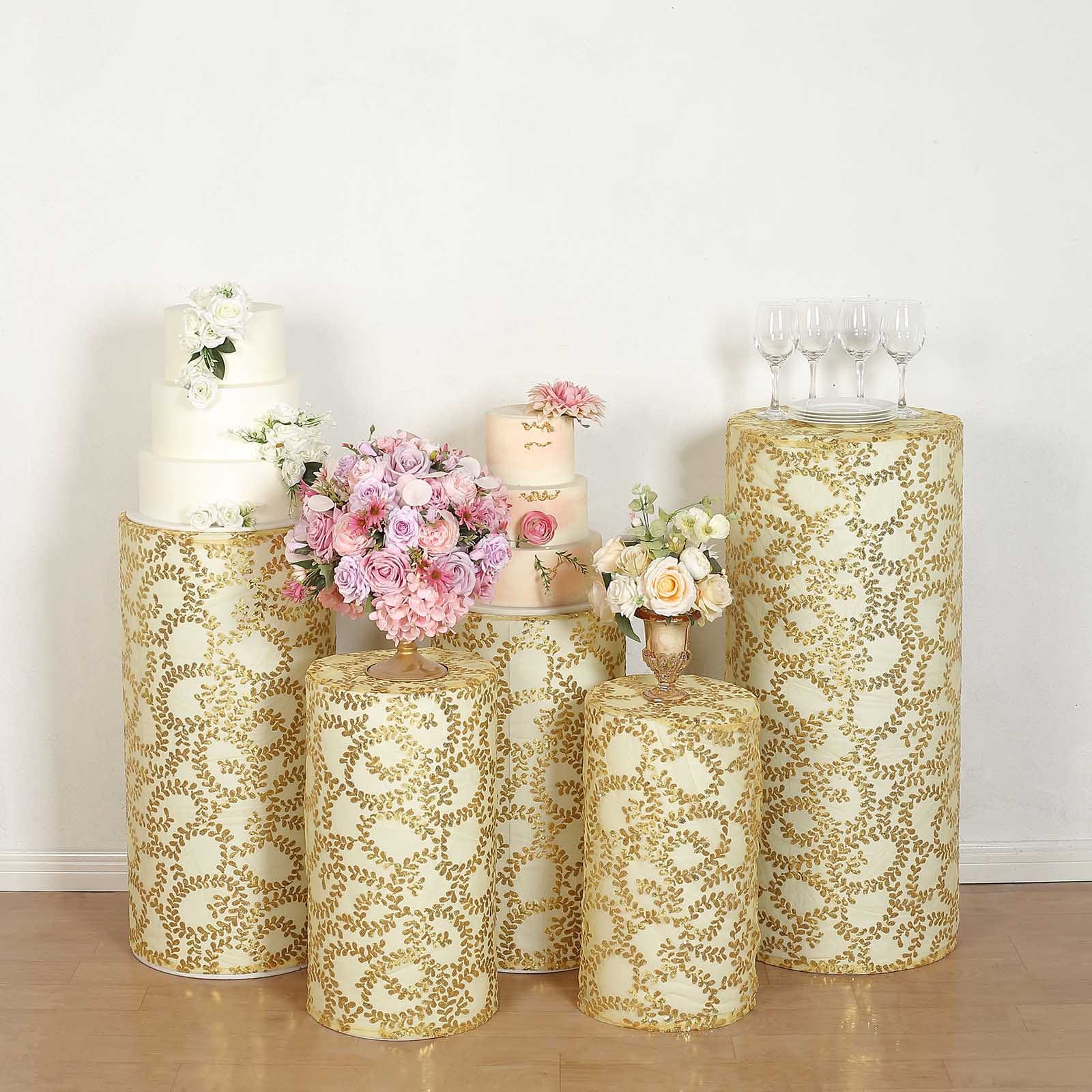 5 Sequin Mesh Cylinder Display Box Stand Covers with Leaf Vine Embroidery