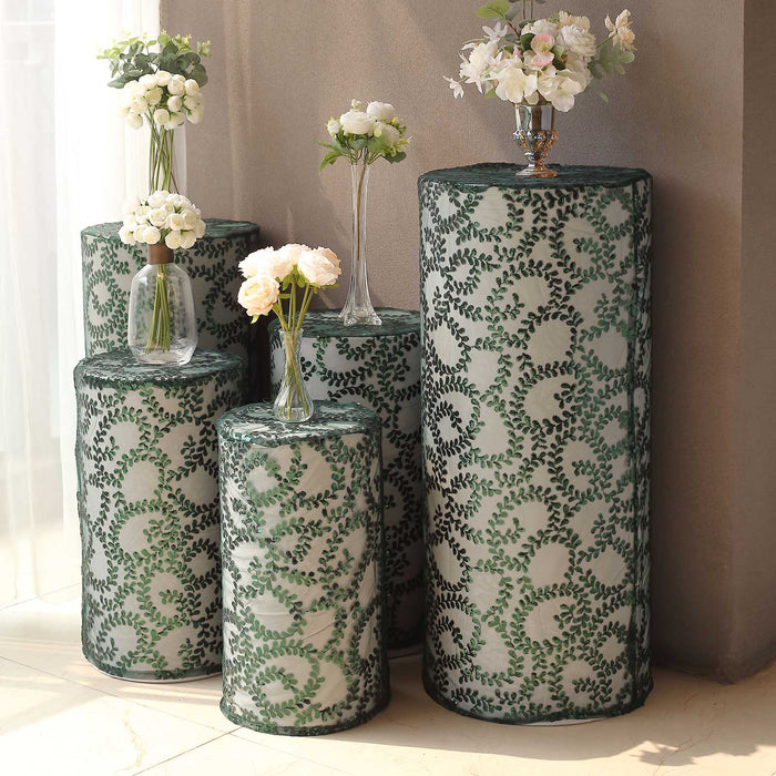 5 Mesh with Embroidered Leaf Vine Sequins Cylinder Display Stand Covers Set