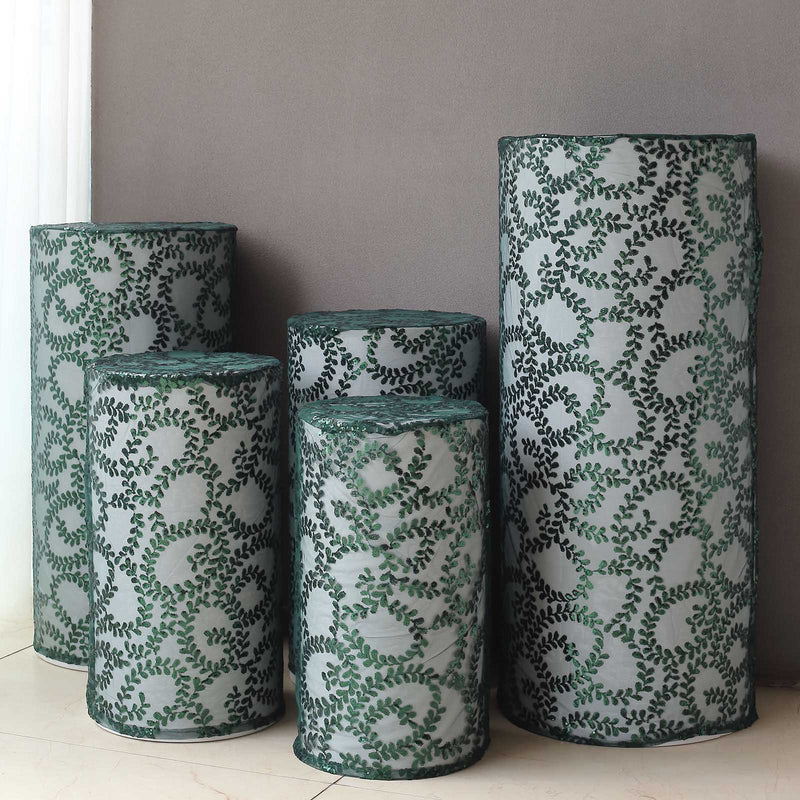 5 Sequin Mesh Cylinder Display Box Stand Covers with Leaf Vine Embroidery