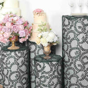 5 Sequin Mesh Cylinder Display Box Stand Covers with Leaf Vine Embroidery