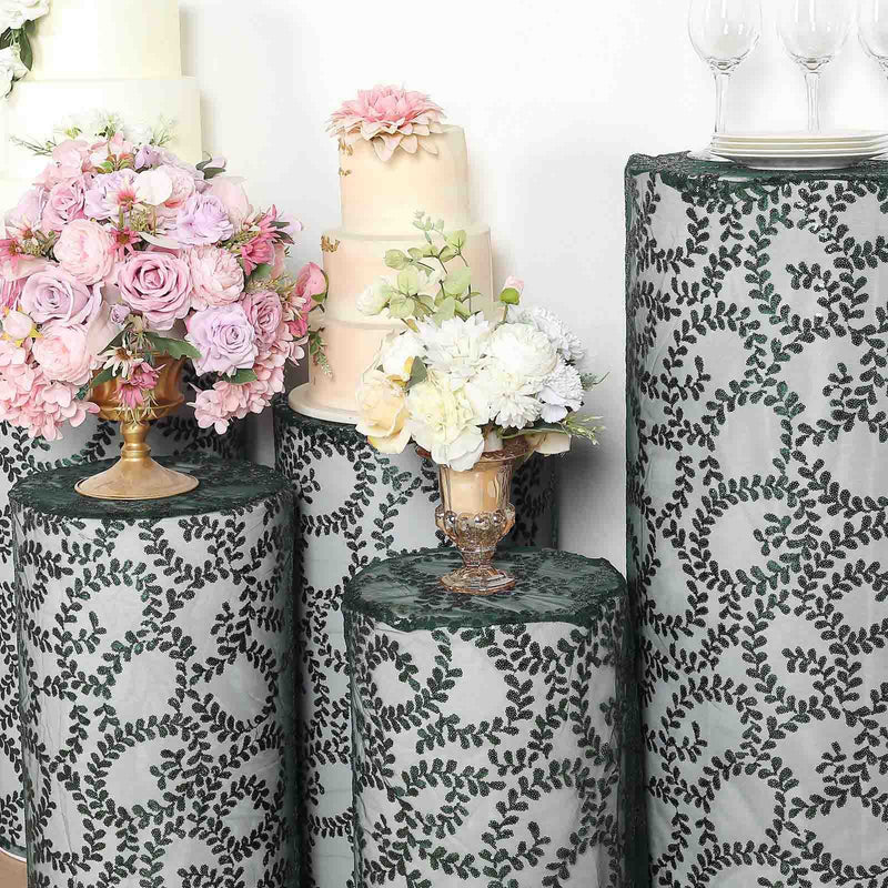 5 Sequin Mesh Cylinder Display Box Stand Covers with Leaf Vine Embroidery