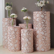 5 Sequin Mesh Cylinder Display Box Stand Covers with Leaf Vine Embroidery