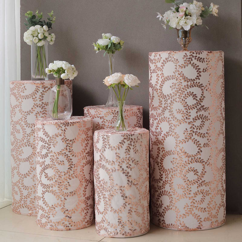 5 Sequin Mesh Cylinder Display Box Stand Covers with Leaf Vine Embroidery