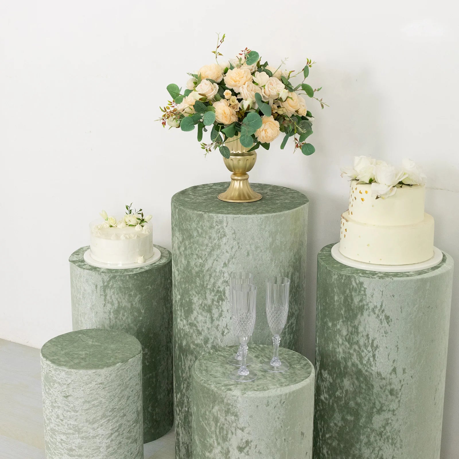 5 Crushed Velvet Cylinder Display Stand Covers Set