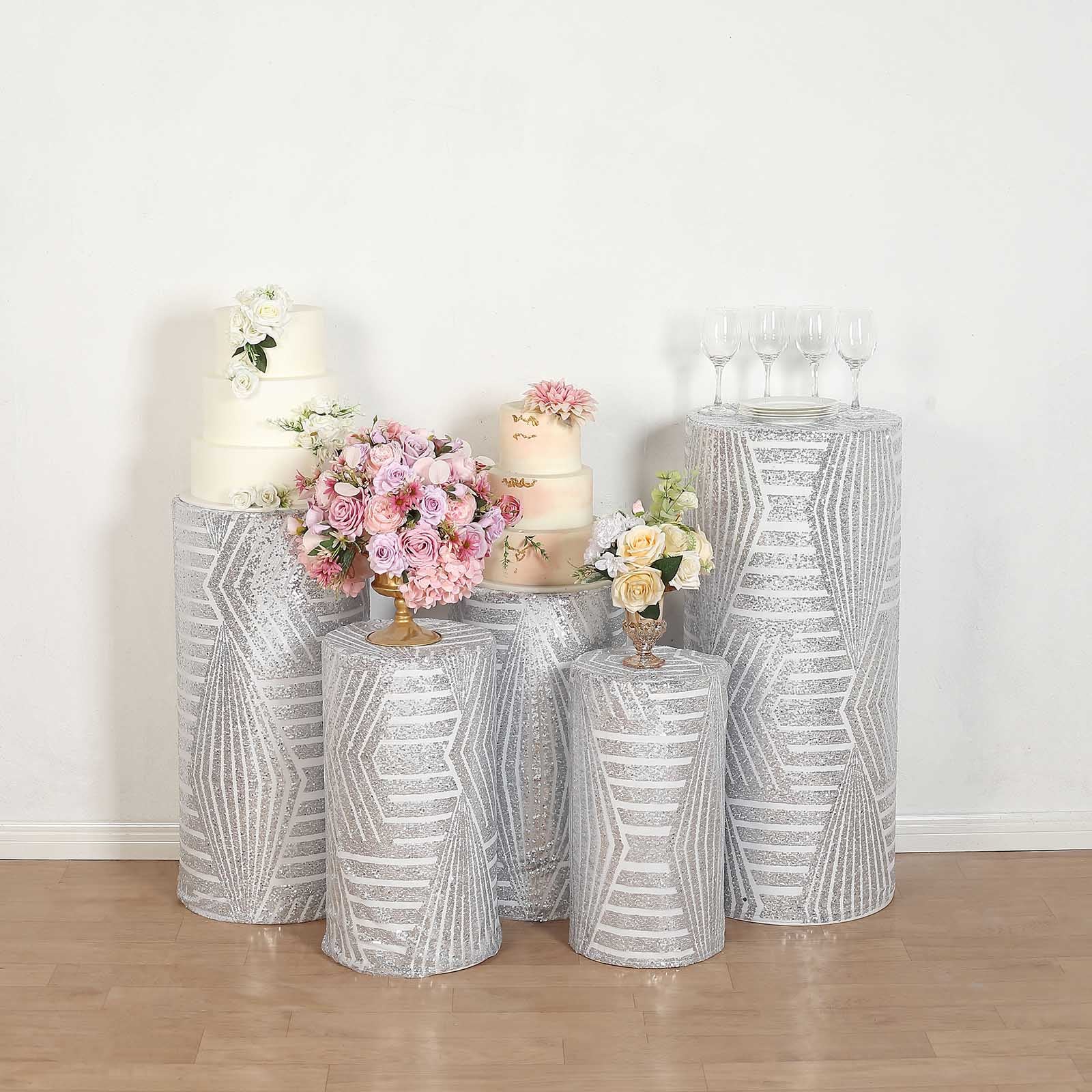 5 Mesh with Geometric Embroidered Sequins Cylinder Display Stand Covers Set