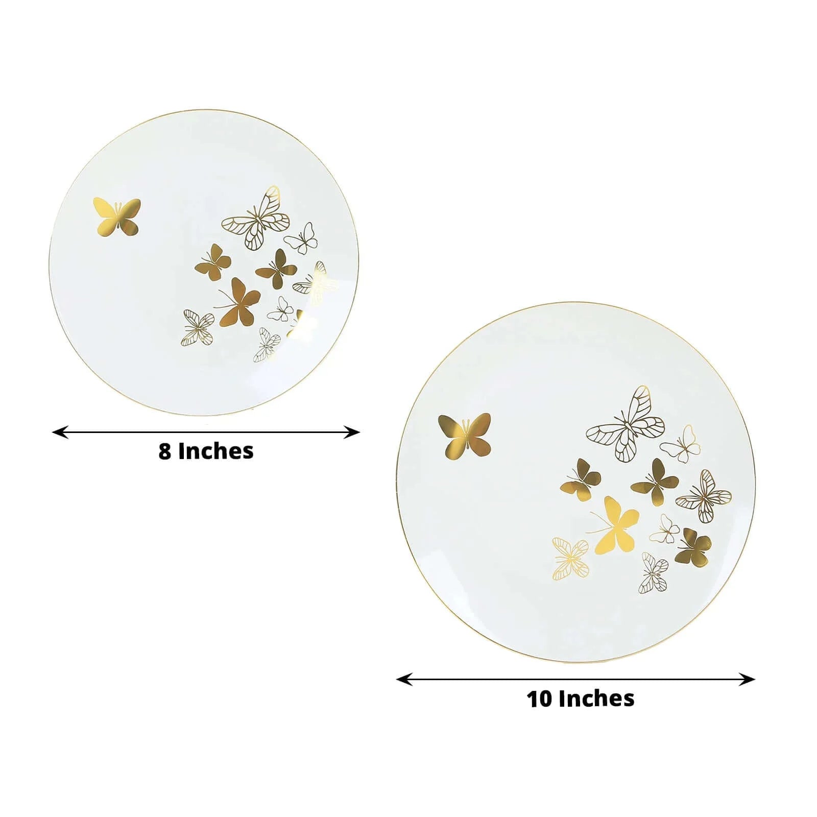 20 White Gold Butterfly Round Plastic Plates - Disposable Tableware