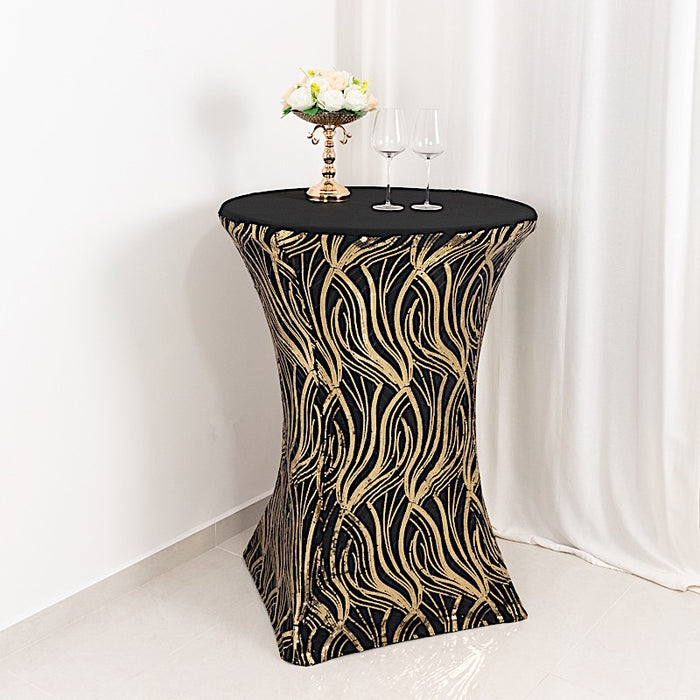 Cocktail Spandex Table Cover with Wave Embroidered Sequins - Black and Gold