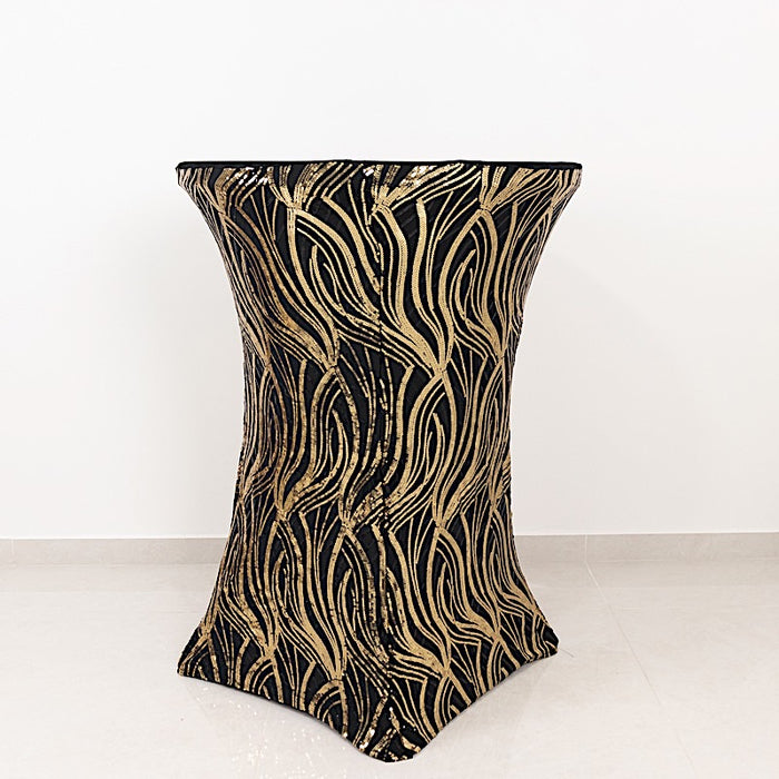 Cocktail Spandex Table Cover with Wave Embroidered Sequins - Black and Gold