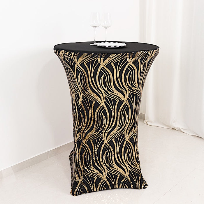 Cocktail Spandex Table Cover with Wave Embroidered Sequins - Black and Gold