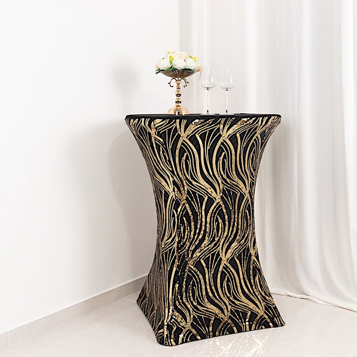 Cocktail Spandex Table Cover with Wave Embroidered Sequins - Black and Gold