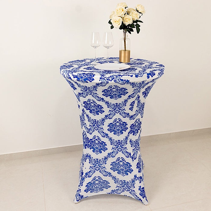 Damask Cocktail Spandex Table Cover - Royal Blue and White