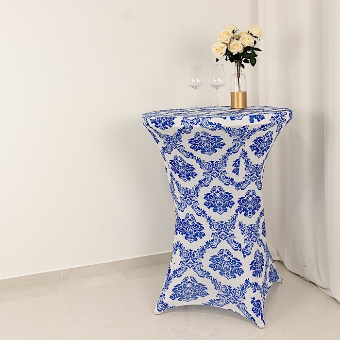 Damask Cocktail Spandex Table Cover - Royal Blue and White