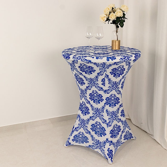 Damask Cocktail Spandex Table Cover - Royal Blue and White