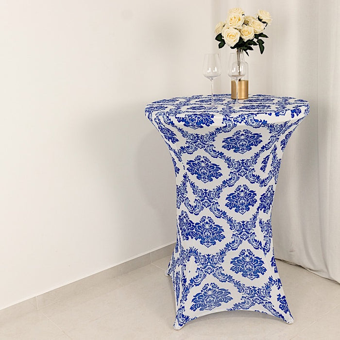 Damask Cocktail Spandex Table Cover - Royal Blue and White