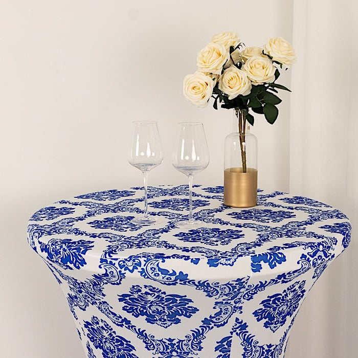 Damask Cocktail Spandex Table Cover - Royal Blue and White