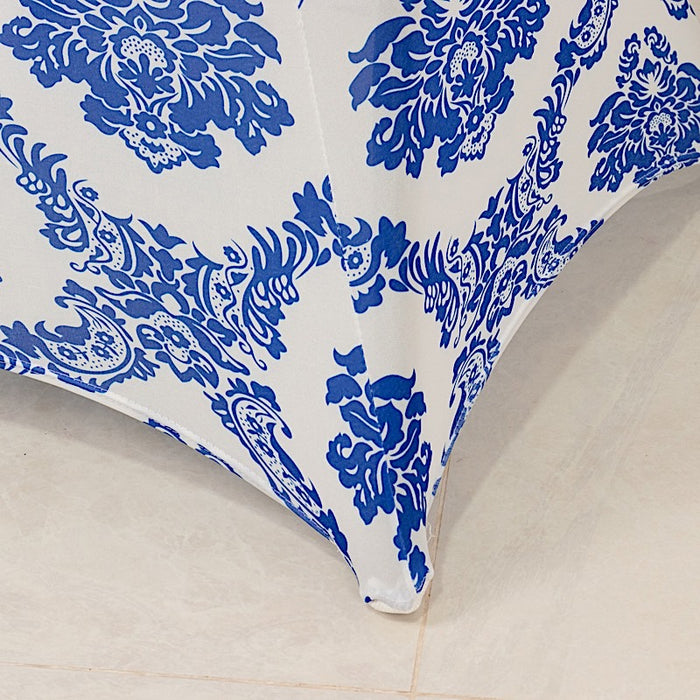 Damask Cocktail Spandex Table Cover - Royal Blue and White