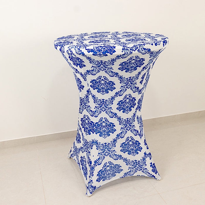 Damask Cocktail Spandex Table Cover - Royal Blue and White