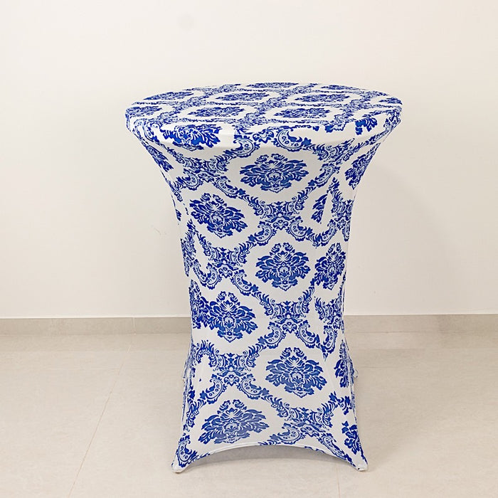 Damask Cocktail Spandex Table Cover - Royal Blue and White